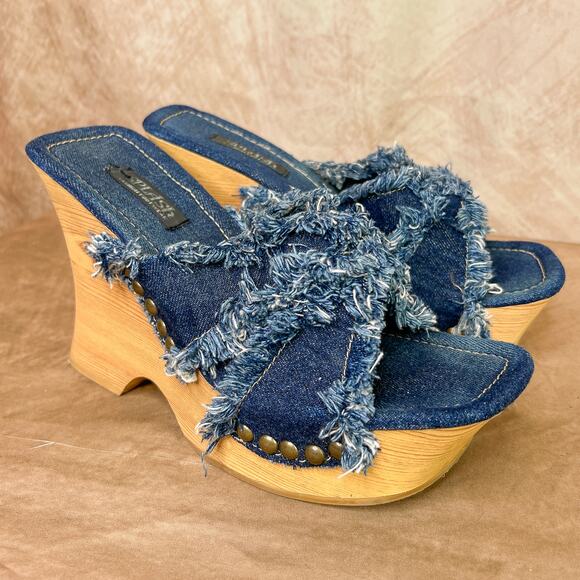LOWER EAST SIDE Shoes - Vintage Y2K Splash Denim Fringe Wedge Platform Sandals High Heels 90s Studded